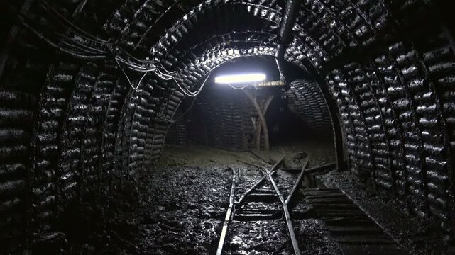 Train tracks pass through wet underground mining corridor with lights and timber supports.