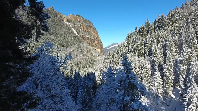 Aerial drone view captures snow covered Sumela Monastery clinging to steep rocky mountain cliff.