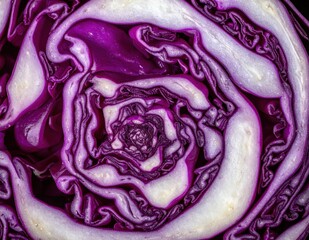 Obraz premium Macro closeup of a sliced red cabbage revealing intricate purple and white leaf layers, organic vegetable texture, healthy food background