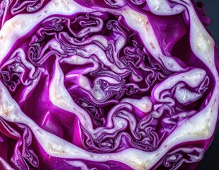 Obraz premium Macro closeup of vibrant red cabbage layers, intricate natural vegetable texture, purple and white pattern