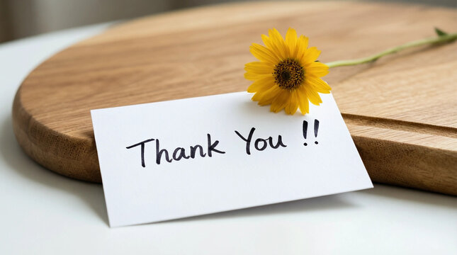 Handwritten thank you note with yellow flower on wooden board, simple gratitude message for personal or business use