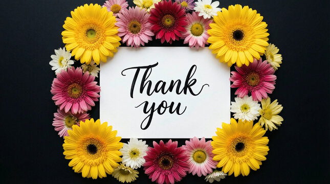 Thank you card framed with colorful gerbera daisies on dark background for greeting or appreciation