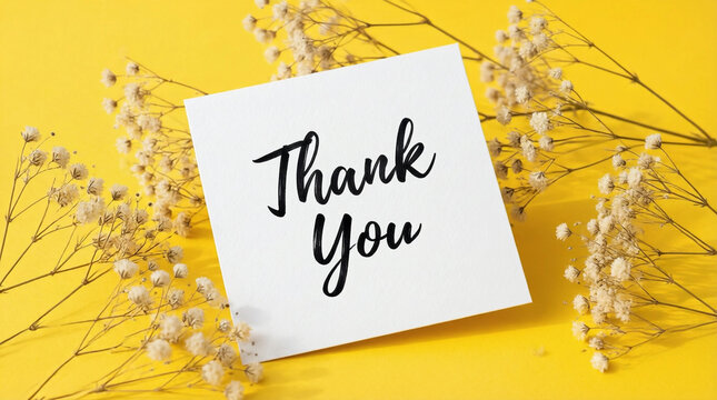 Thank you card with dried flowers on bright yellow background for gratitude message or greeting