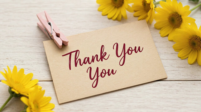 Handwritten thank you note on kraft paper with yellow daisies and clothespin on wooden surface
