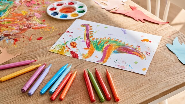 Colorful dinosaur drawing fills white paper on wooden table with markers and paint palette. Paint smears and paper cutouts surround art supplies for creative activity