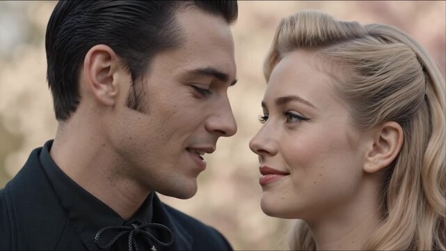 Romantic vintage couple gazing into each other's eyes smiling