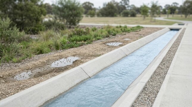 Stagnant water puddles near drainage canal as breeding ground for mosquito larvae