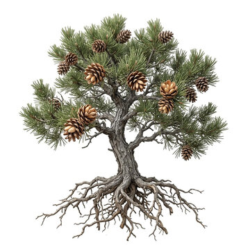 Pine Nut tree, mature conifer bearing pine cones filled with edible pine nuts, exposed visible roots, 11 ratio, isolated on seamless pure white background, centered composition