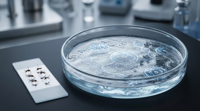 West Nile Virus analysis with mosquito samples and viral pathogens in laboratory petri dish