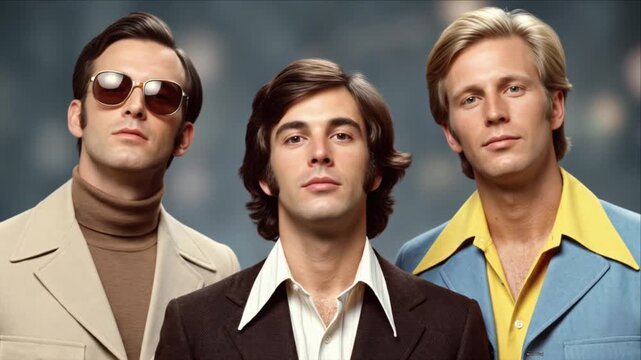 Three 1970s Men in Retro Fashion Smiling Portrait