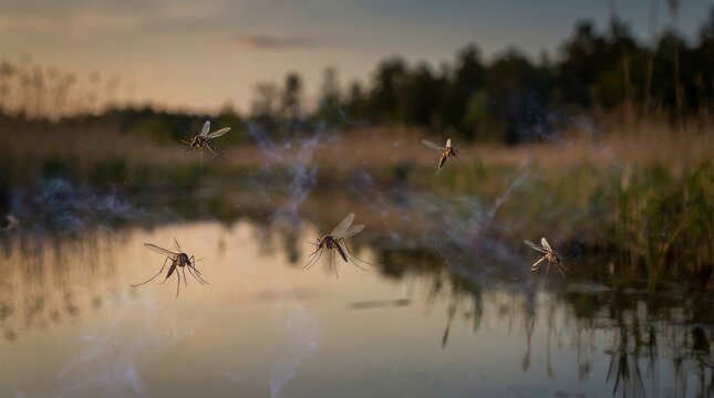 Group of Mosquitoes Flying Over a Still Pond at Sunset Representing West Nile Virus Risk