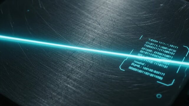 Neon cyan light beam scanning across raw brushed titanium surface