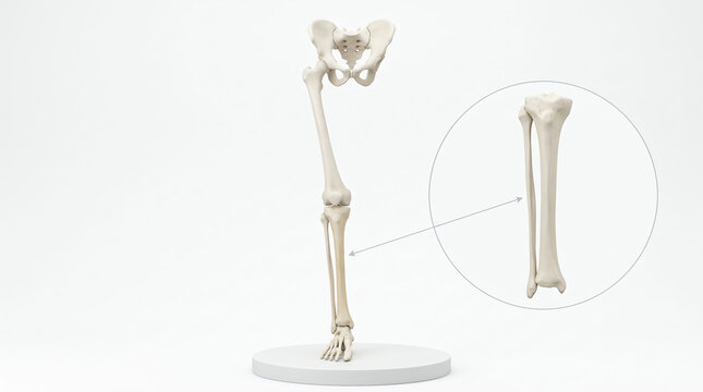 Medical 3D illustration of human leg bones highlighting tibia and fibula anatomy against a neutral white background