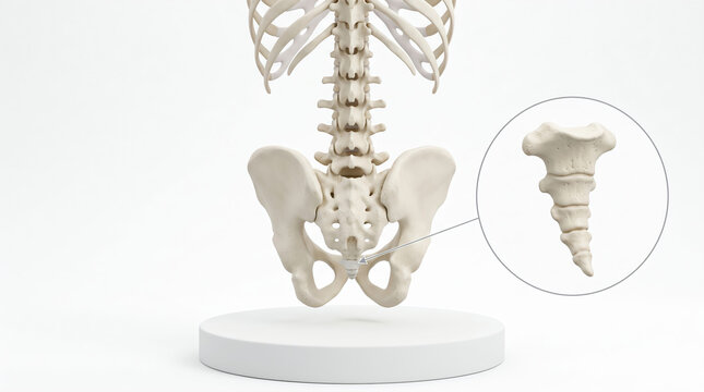 Anatomical 3D model of human spine and pelvis with detailed coccyx callout on white background for medical and scientific illustration