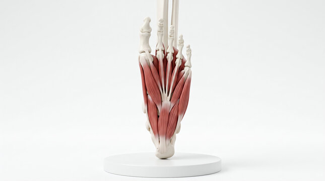 Scientific conceptual model of human foot anatomy illustrating complex muscle structure and bone alignment on a pedestal
