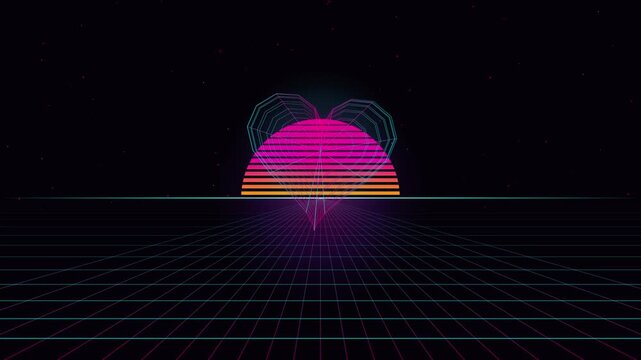 Retro synthwave heart animation pulsing above a digital horizon grid