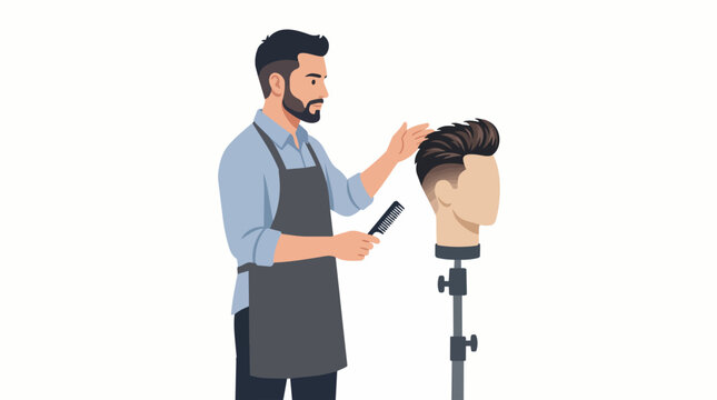 Barbeiro com pente modela cabelo em manequim estilo moderno