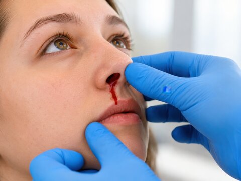 A close-up view shows a healthcare professional in blue gloves examining a patient with a nosebleed.