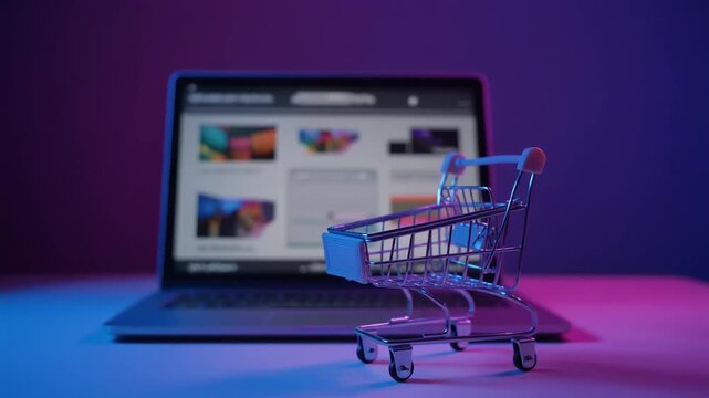 青紫の背景で買い物サイトを映すノート端末の前に小型金属カートが並びネット購入を象徴する強い印象を残す