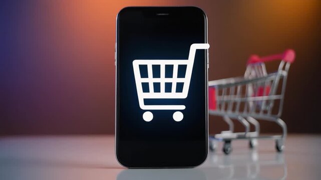 暖色の背景で買い物カート記号を映す携帯端末と小型カートがオンライン購入を明快に象徴する強い印象を残す
