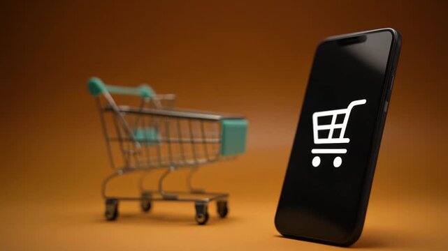 暖色の背景で買い物カート記号を映す携帯端末とぼけた小型カートがオンライン購入を表す洗練した印象を残す