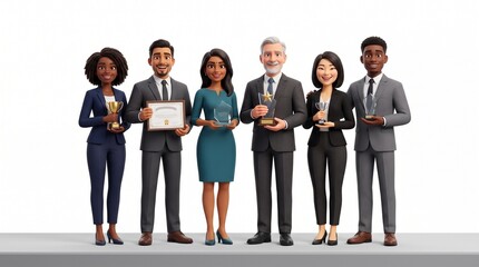 Obraz premium Diverse group of business professionals celebrating achievements with trophies and certificates