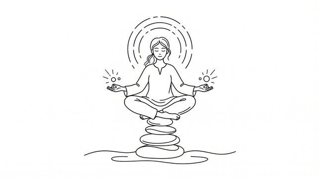 Mulher meditando em posi&ccedil;&atilde;o de l&oacute;tus sobre pedras empilhadas com energia radiante