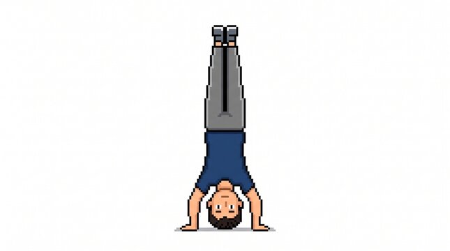 Pixel Art Man Performing a Handstand on a White Background