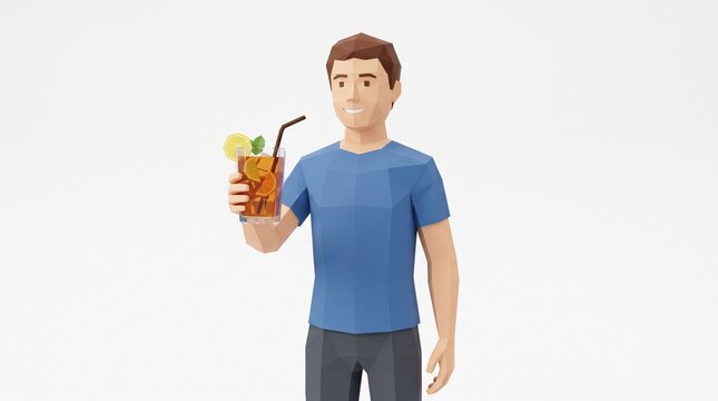 Low Poly Man Holding Refreshing Iced Tea With Lemon and Mint