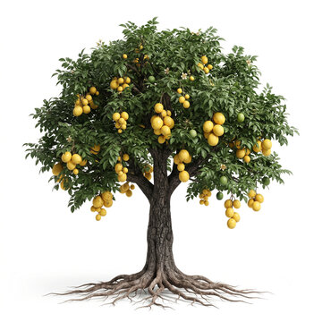 Marula tree, mature full tree bearing clusters of yellow marula fruits, exposed visible roots, 11 ratio, isolated on seamless pure white background