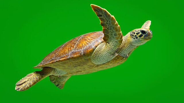 Sea Turtle Swimming on Chroma Key Green Screen.
