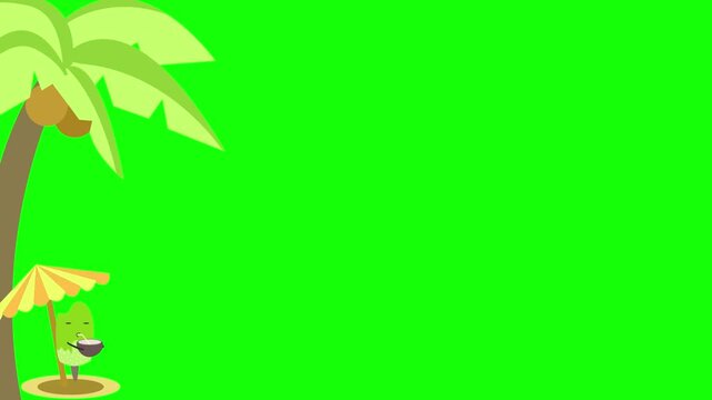 Animated cartoon character relaxing under tropical beach umbrella with palm tree with character drinking coconut coconut while sitting small yellow umbrella