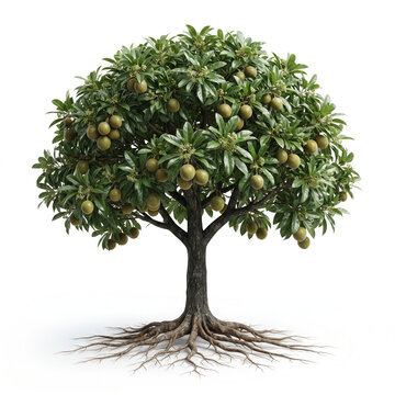 Lucuma tree, mature full tree bearing round green lucuma fruits, exposed visible roots, 11 ratio, isolated on seamless pure white background, centered composition