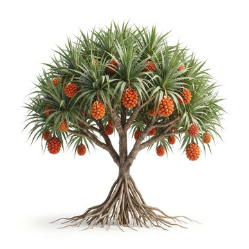 Hala tree, mature tropical tree bearing large orange segmented hala fruits, exposed visible roots, 11 ratio, isolated on seamless pure white background, centered composition