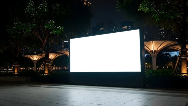 A large blank rectangular advertisement billboard stands illuminated in the middle of a city park during the dark night with bright white space for promotional copy
