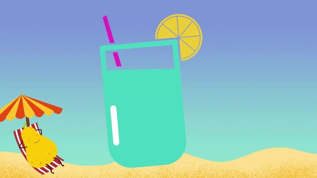 Animated pattern featuring cartoon pears relaxing under beach umbrellas beside refreshing glasses of citrus drink with video repeating animated