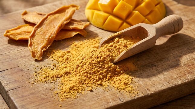 Natural mango powder with dried mango slices and fresh fruit on a rustic wooden kitchen table. mango powder. mango powder