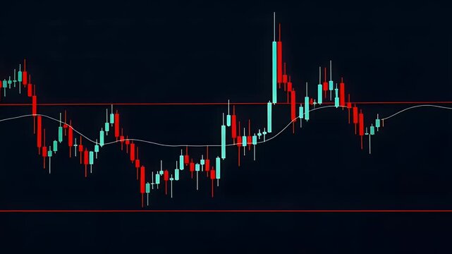 Financial candlestick chart showing market volatility with red and blue bars on a dark background representing trading activity for investors analyzing trends in global stock markets