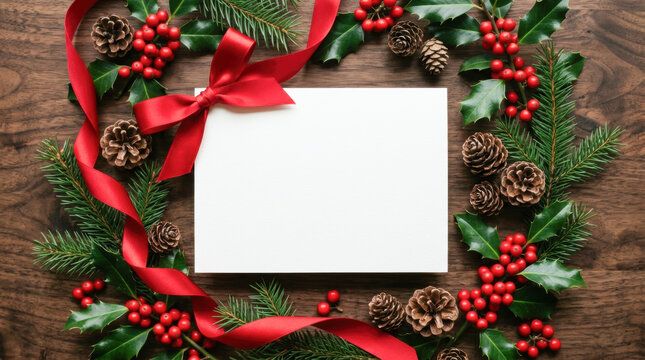 Blank white greeting card surrounded by pine branches, red berries, and a red ribbon bow on a wooden background representing festive Christmas mockup, winter holiday invitation, and elegant seasonal c