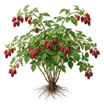 Loganberry shrub, mature fruiting plant bearing elongated deep red loganberries, exposed visible roots, 11 ratio, isolated on seamless pure white background,