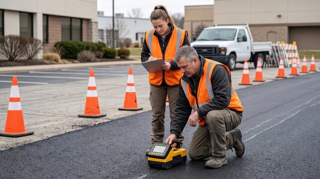 Construction workers inspect asphalt pavement with testing equipment and clipboard