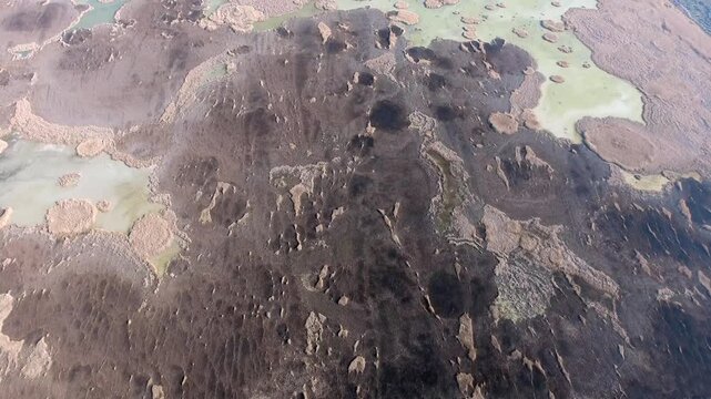 Aerial panoramic view of reed covered coastal lagoon lake in Goksu Delta Mersin Turkey.