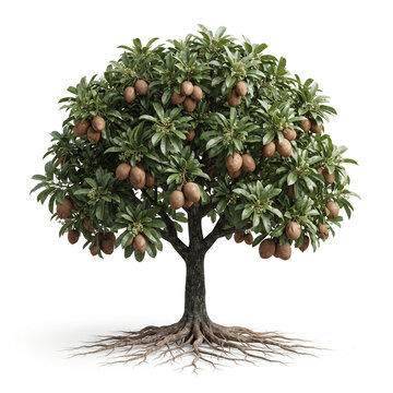Mamey Sapote tree, mature full tree bearing large brown mamey sapote fruits, exposed visible roots, 11 ratio, isolated on seamless pure white background, centered composition