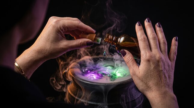 Hands pouring liquid into bubbling cauldron during halloween night with colorful smoke and glow