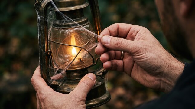 Man's hands touching cobweb on old lantern during a spooky halloween night in the woods with selective focus