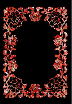 Traditional Korean red mother-of-pearl lacquerware floral decorative frame border