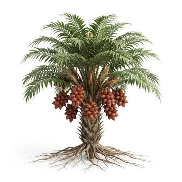 Salak palm, mature fruiting palm bearing clusters of reddish-brown scaly snake fruits, exposed visible roots, 11 ratio, isolated on seamless pure white background, centered composition