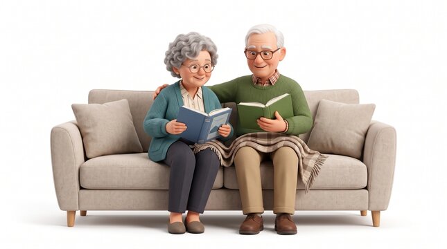 Casal idoso feliz lendo livros juntos sentados em um sof&aacute; aconchegante