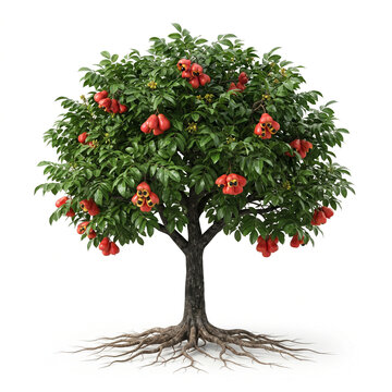 Ackee tree, mature full tree bearing ripe red ackee fruits with yellow pods, exposed visible roots, 11 ratio, isolated on seamless pure white background, centered composition