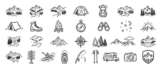 Fototapeta premium Hand-Drawn Outdoor Adventure Icon Set Isolated